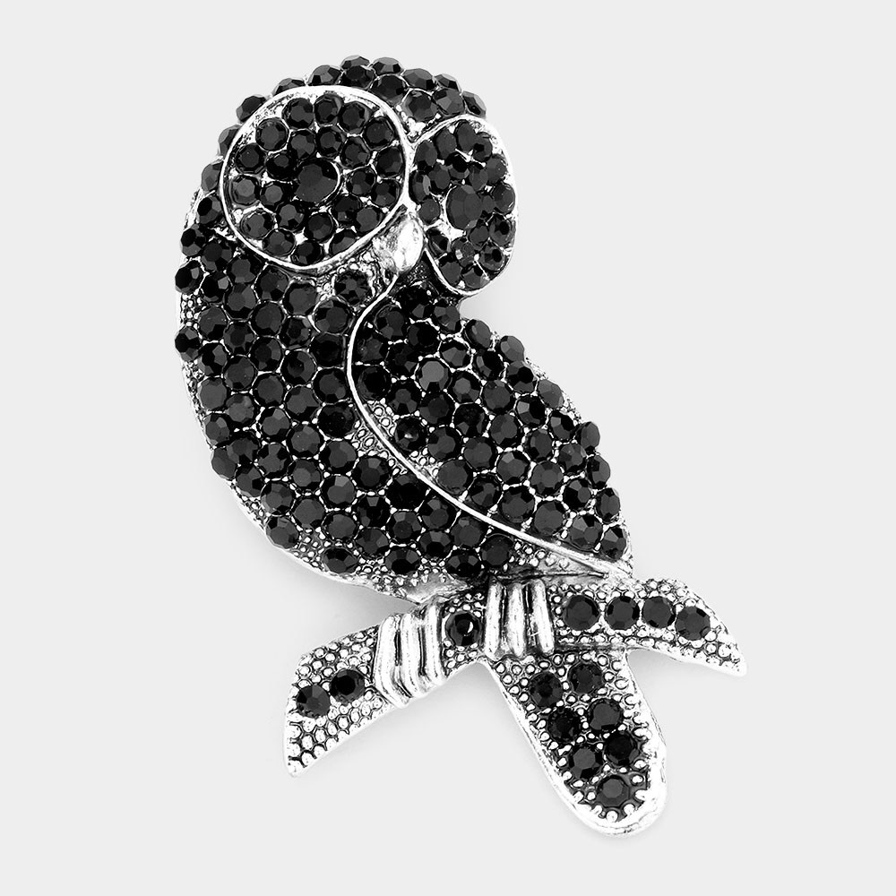 Black Rhinestone Embellished Owl Pin Brooch